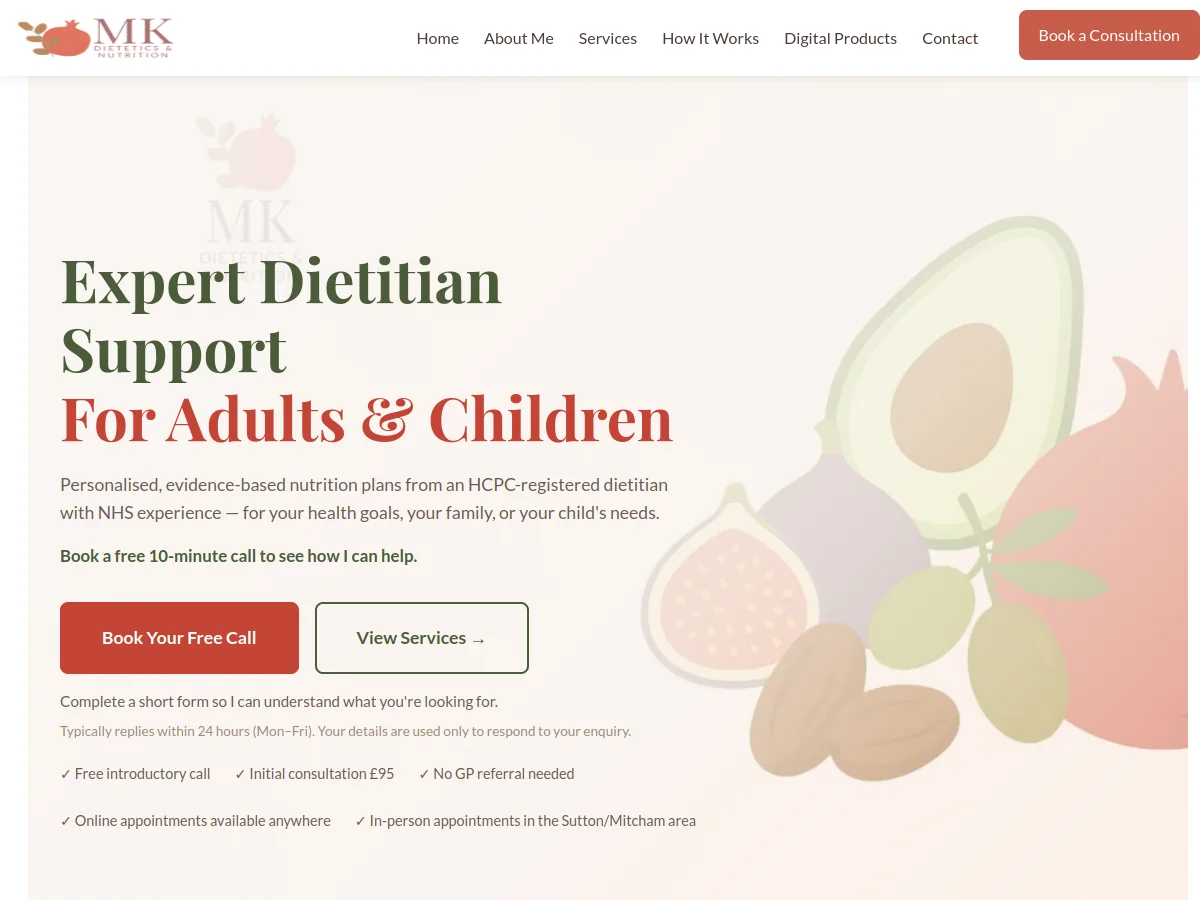 MK Dietitian website homepage
