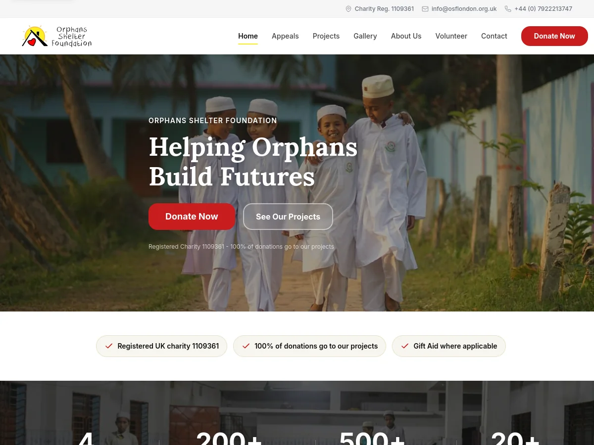 Orphans Shelter Foundation website homepage
